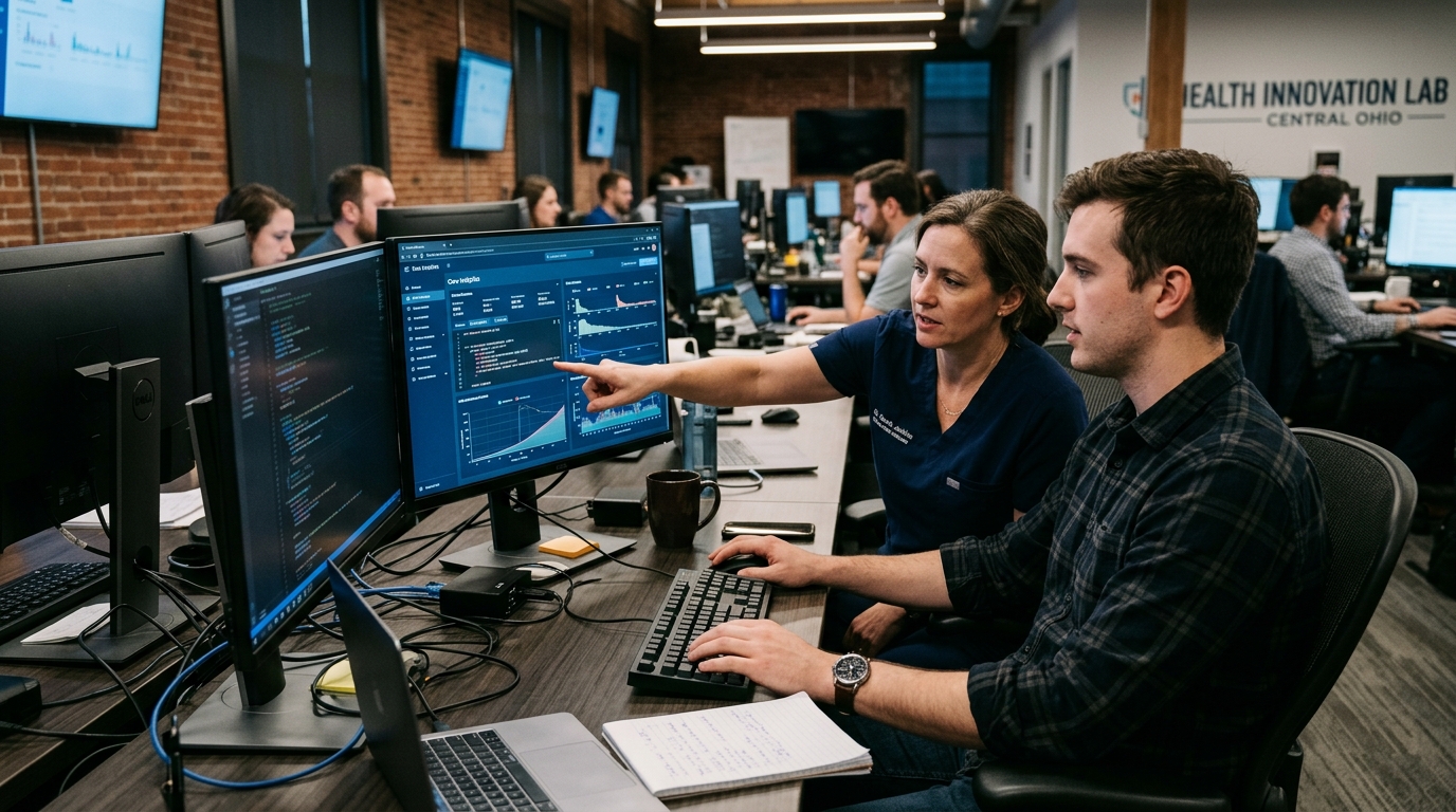 Doctor using AI software for patient diagnostics in an Ohio hospital.