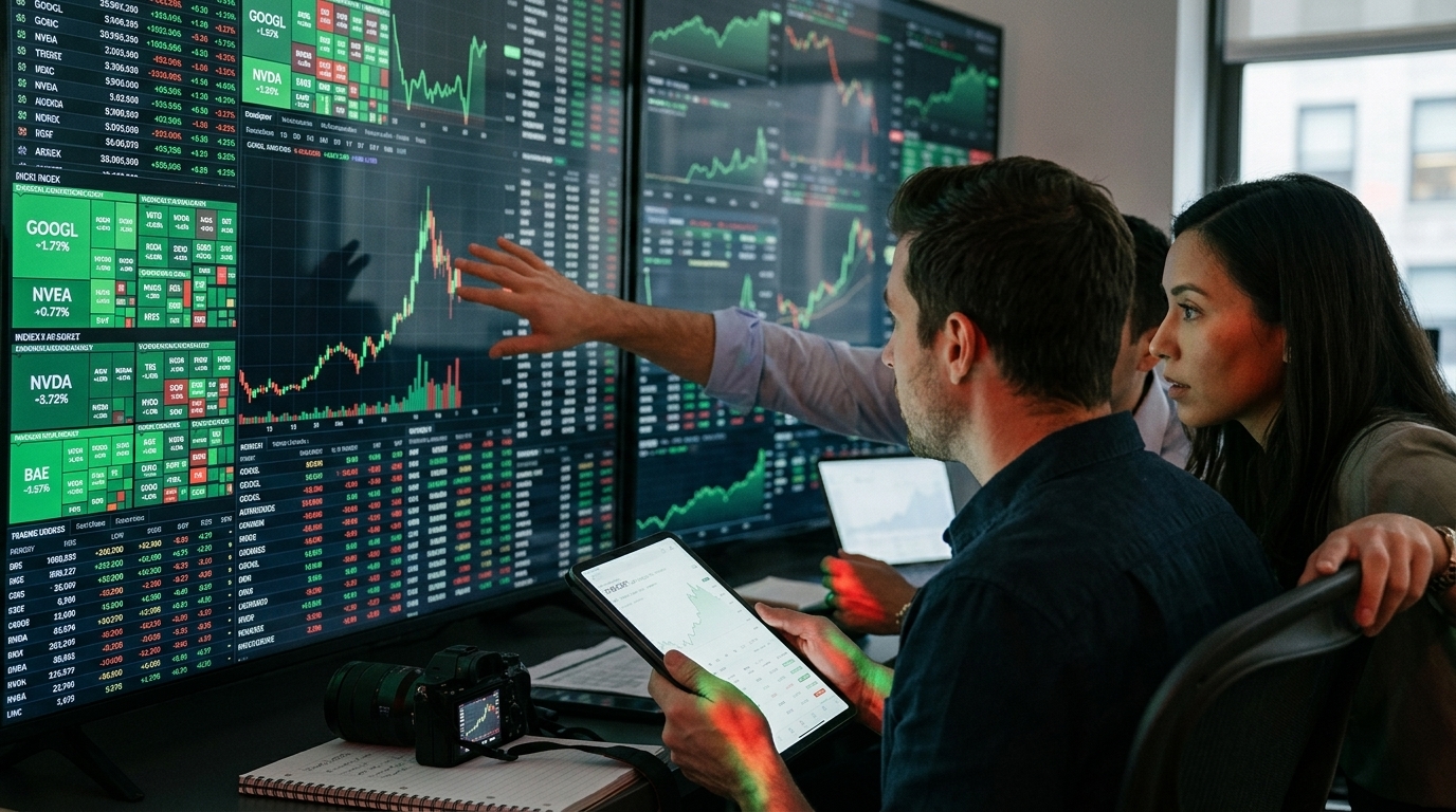 Γράφημα μετοχών Alphabet και Nvidia στη Wall Street με λογότυπο AI.