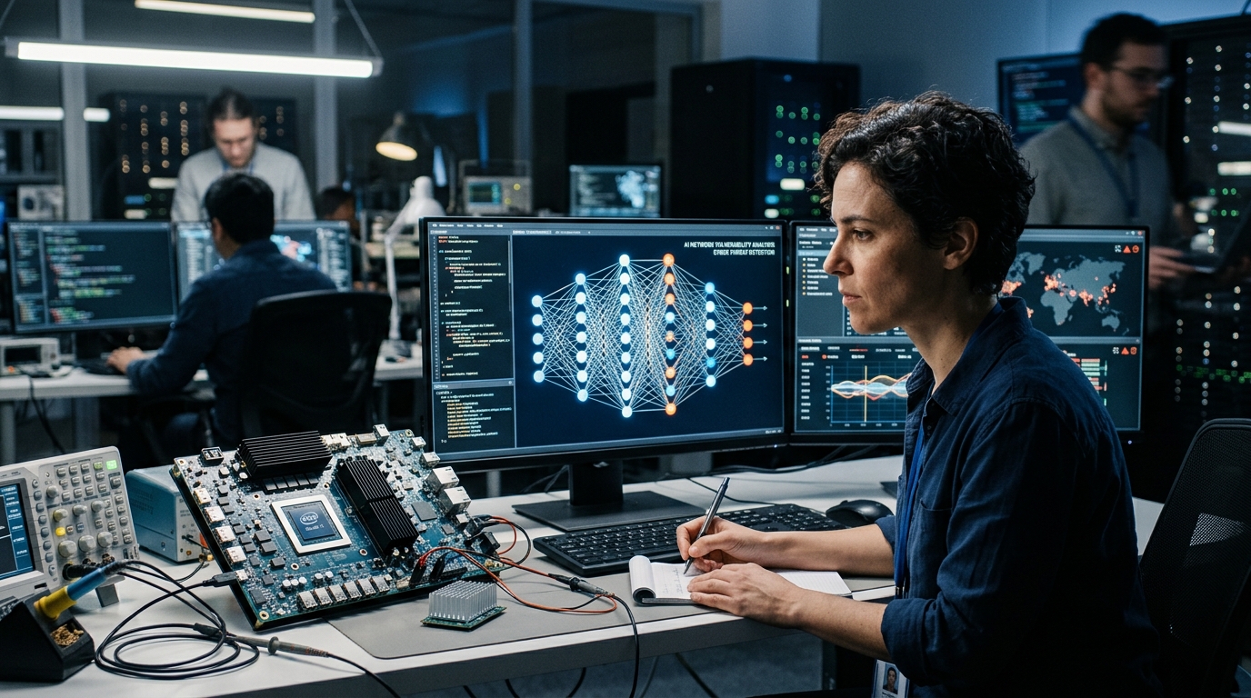 Digital representation of AI cybersecurity and intelligent algorithms protecting data networks.