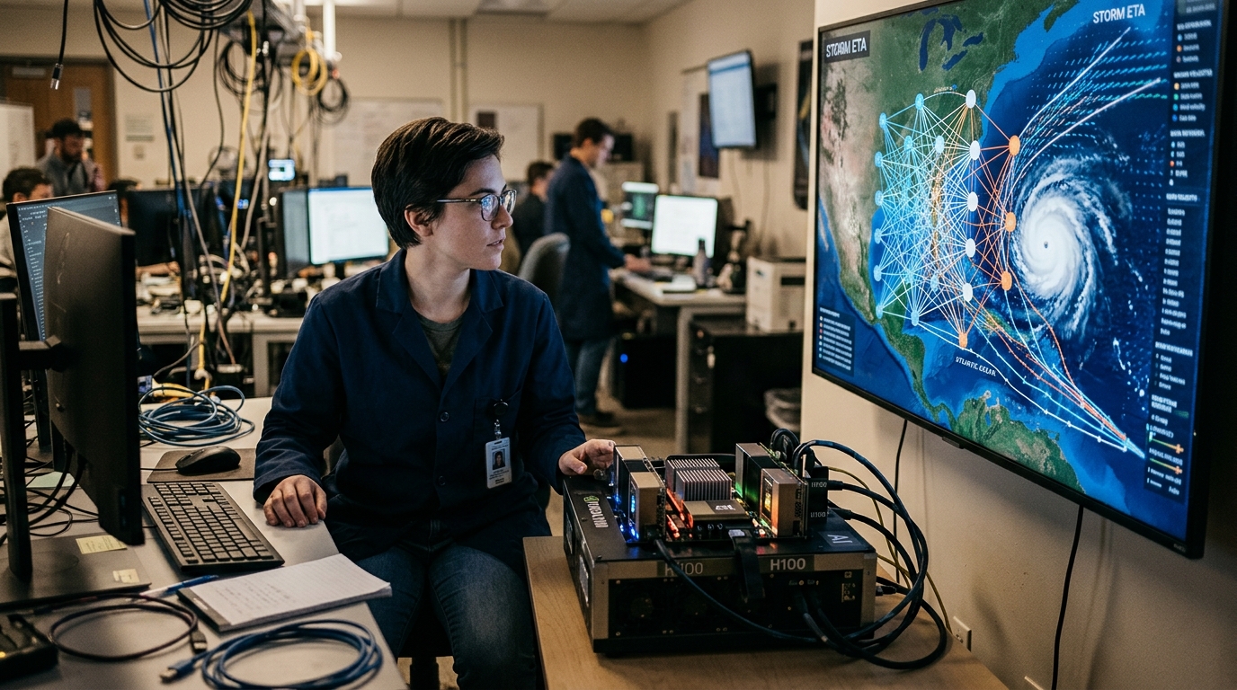 Digital visualization of a hurricane using AI meteorology data.