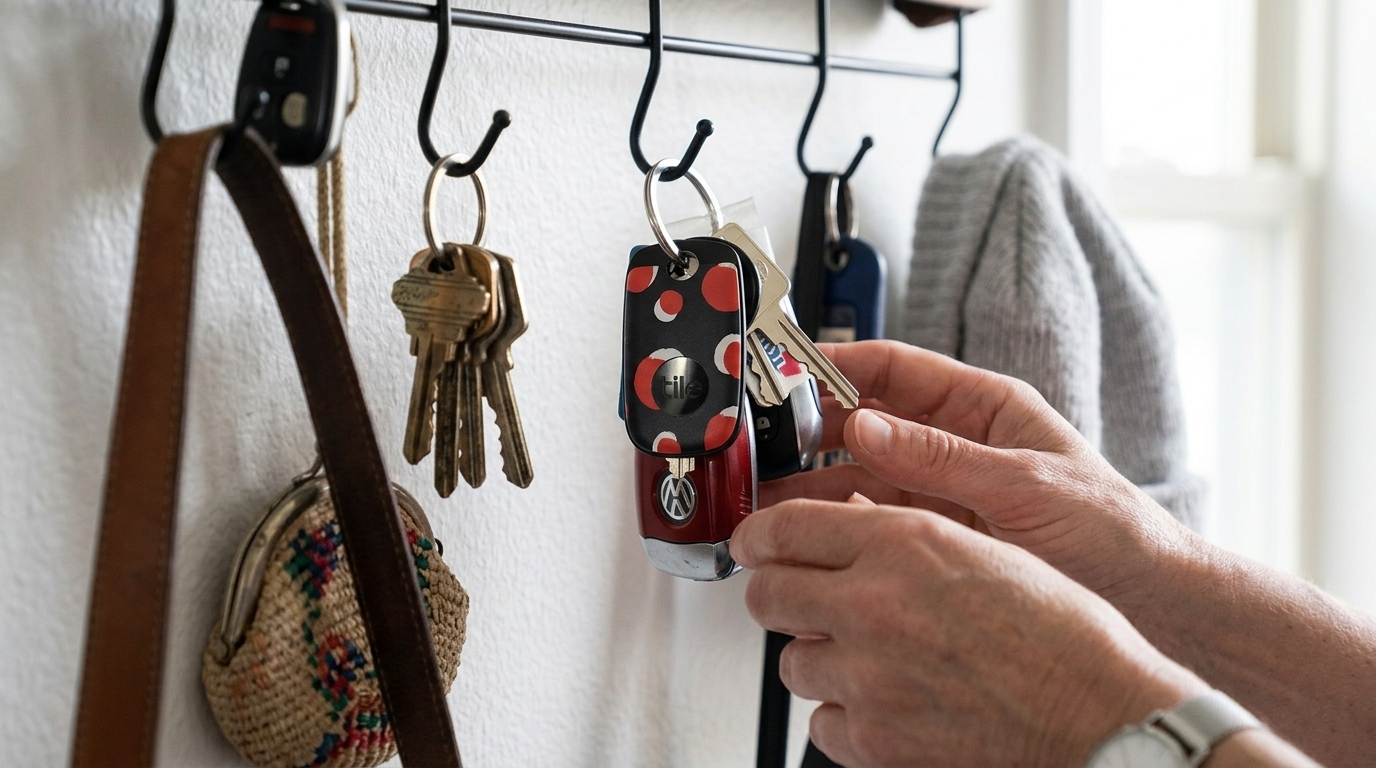 Το Bluetooth tracker Tile Pro σε μαύρο χρώμα δίπλα σε κλειδιά.
