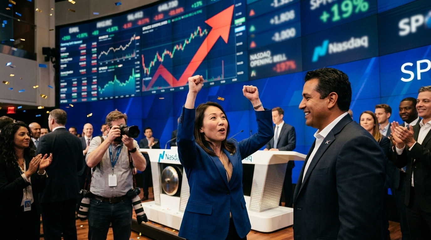SpaceX logo displayed on the Nasdaq building in New York during its record-breaking IPO.