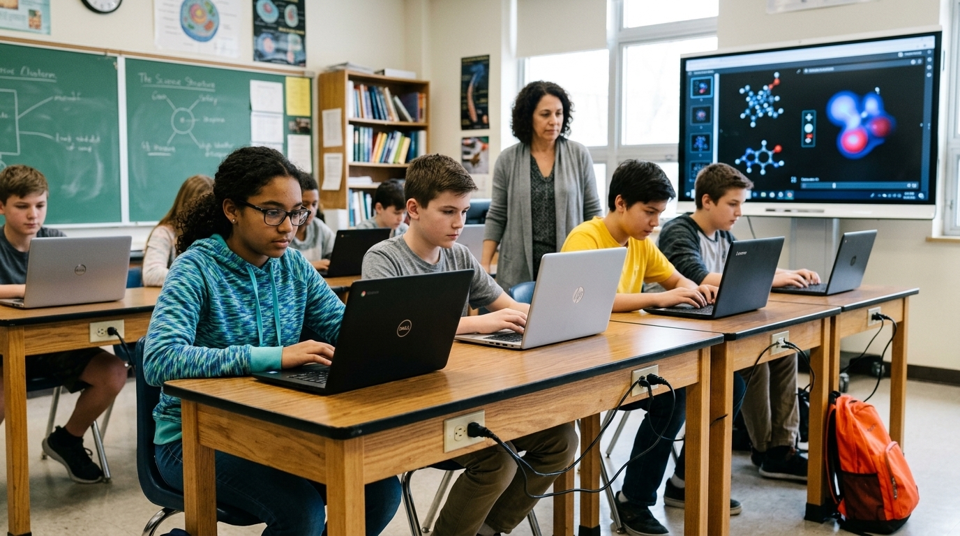 Students using AI tools in a modern digital classroom setting.