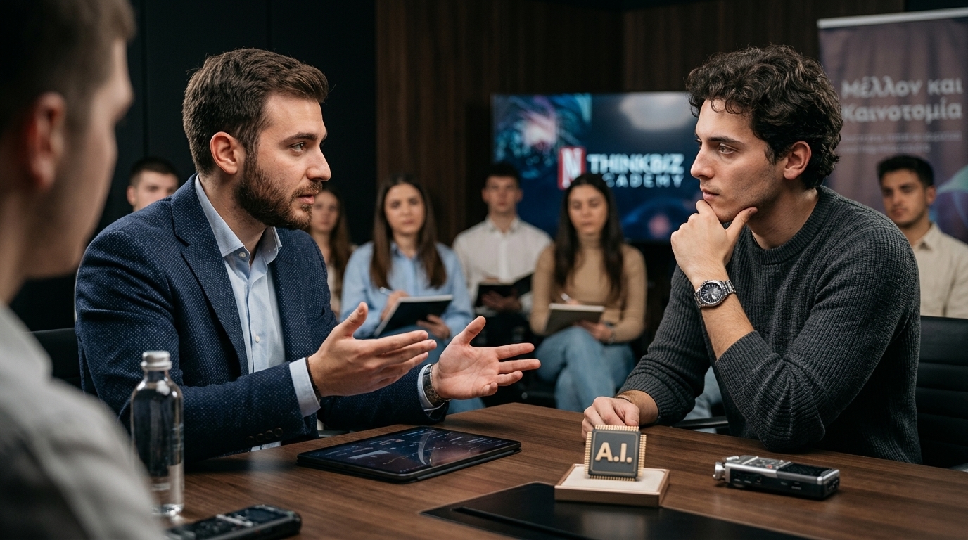 Students at ThinkBiz Academy 2026 discussing artificial intelligence and innovation in Greece.