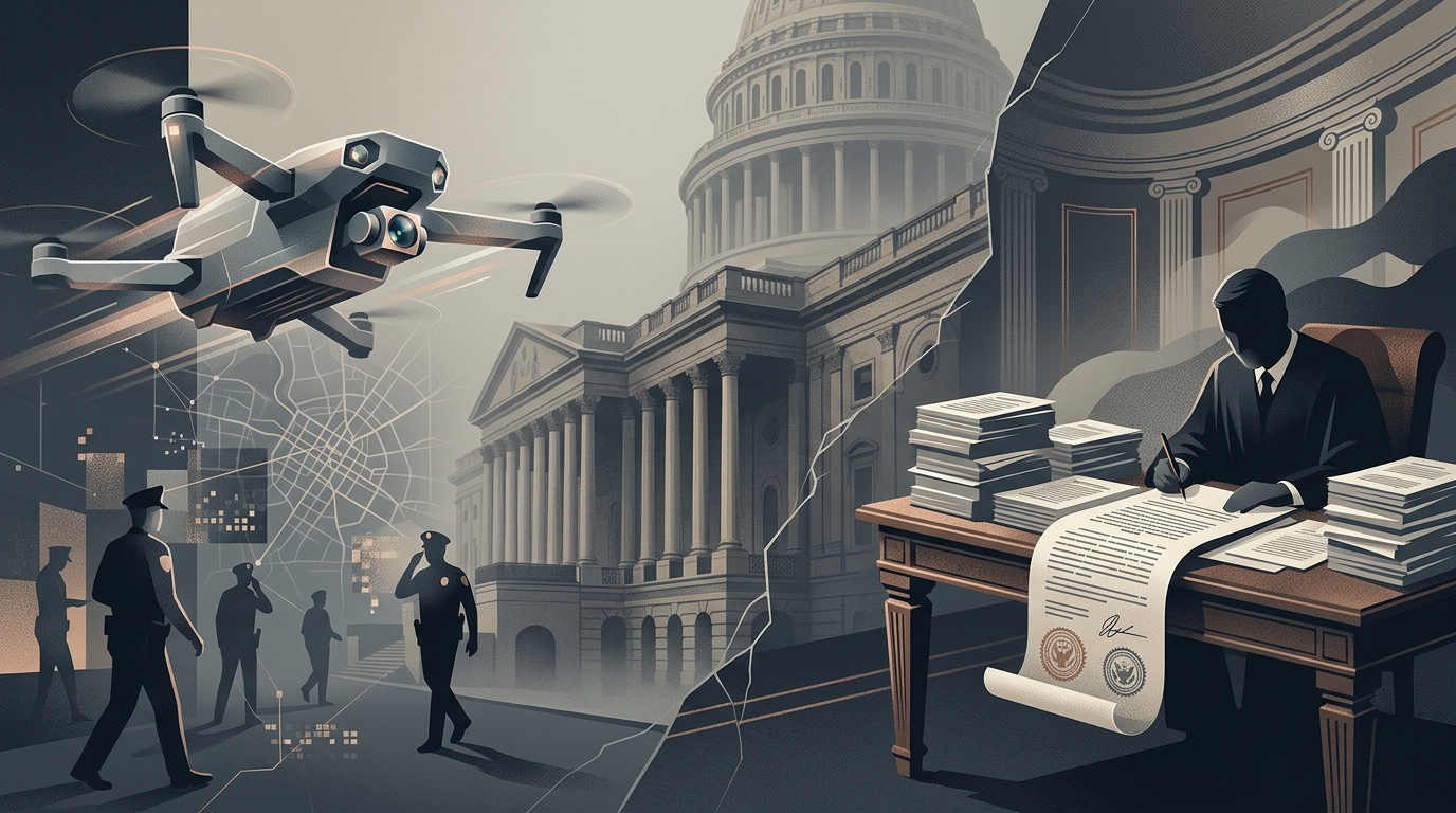 Police officer using AI surveillance tools for crime prevention and data analysis.