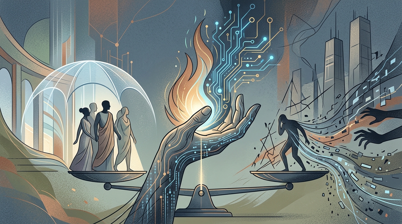 Symbolic representation of Prometheus' fire and artificial intelligence ethics.