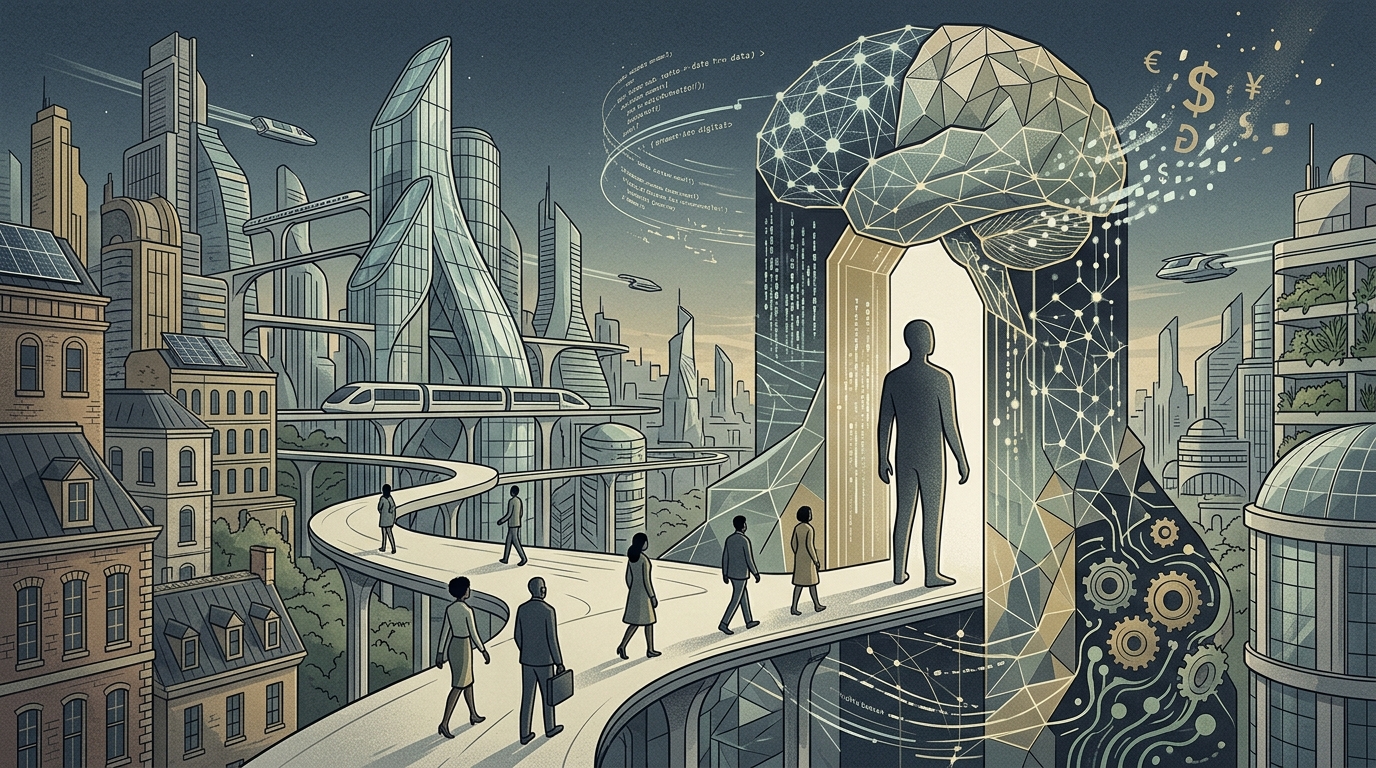 Bill Gates analyzing the future of artificial intelligence and the global economy.