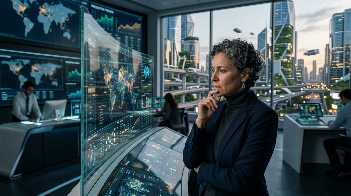 Digital visualization of AI algorithms analyzing global data for crisis prediction.