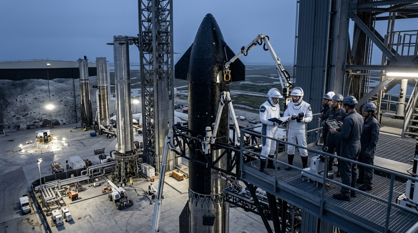 SpaceX Starship and Ispace lunar base on the Moon's surface.