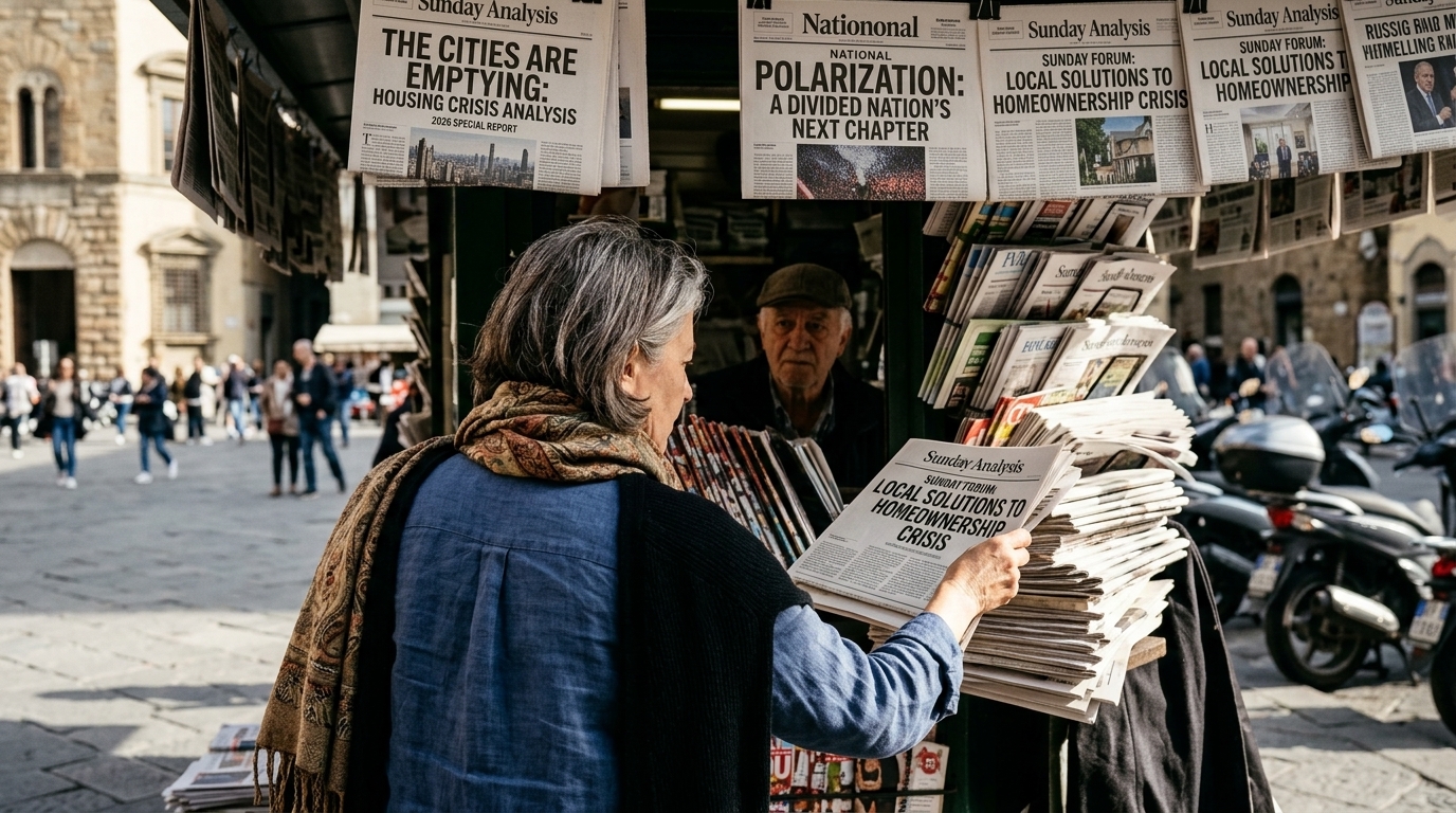 Newspaper front pages covering the housing crisis and political polarization in Greece, 2026.