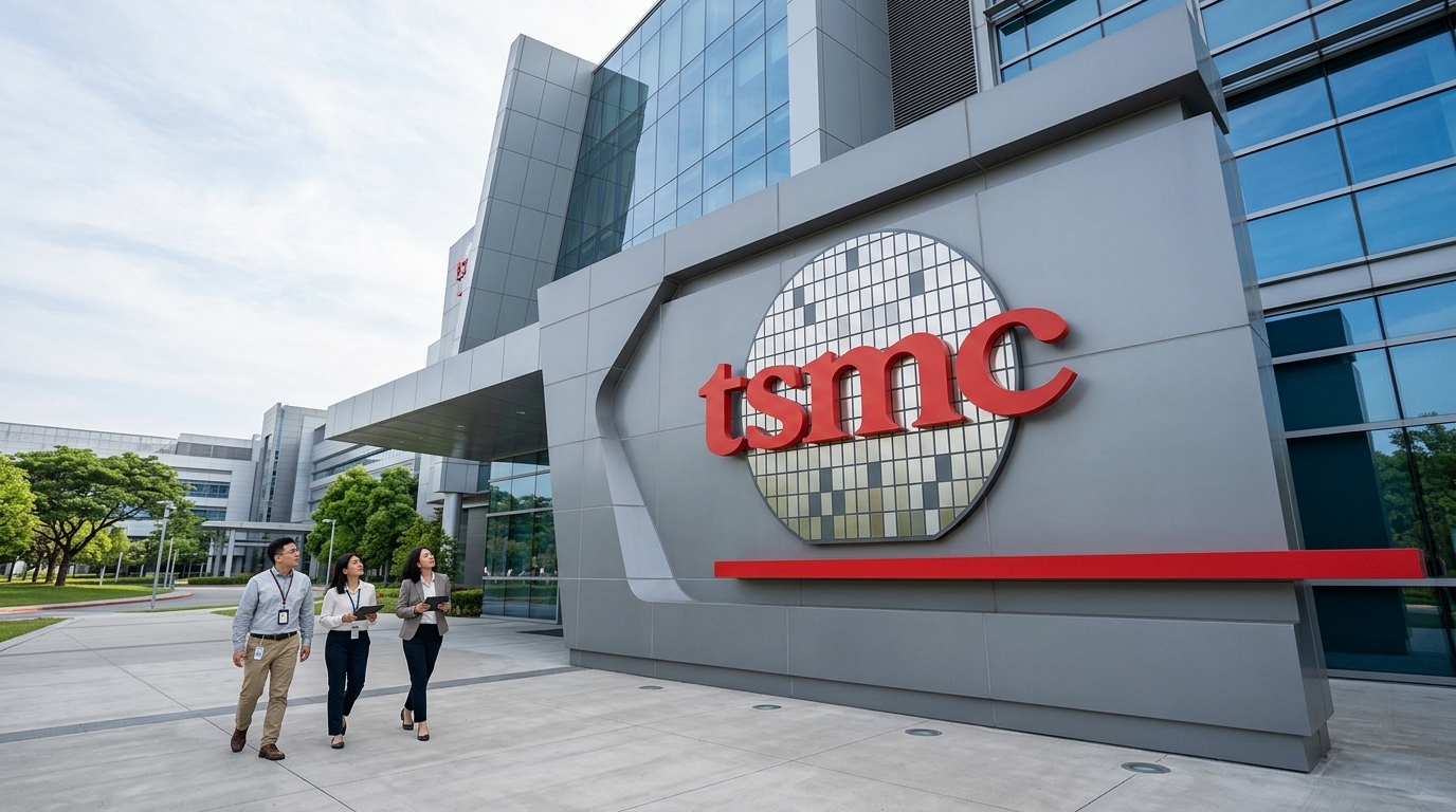 TSMC microchips and company logo representing AI growth.