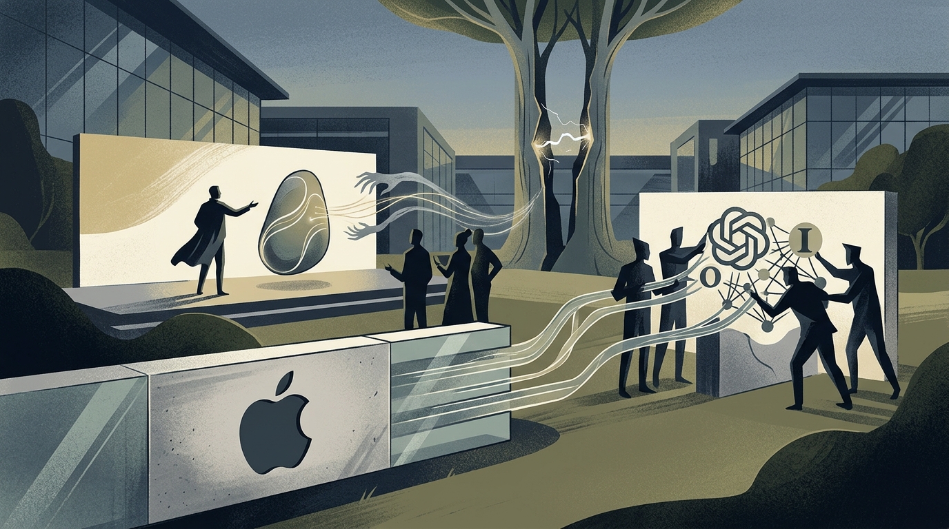 Apple and OpenAI logos representing the legal battle over hardware trade secrets and Jony Ive.