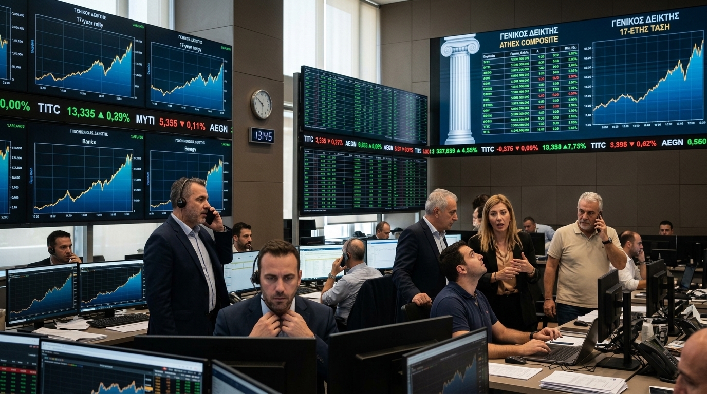 The Athens Stock Exchange building with charts showing the 2,530-unit rally.
