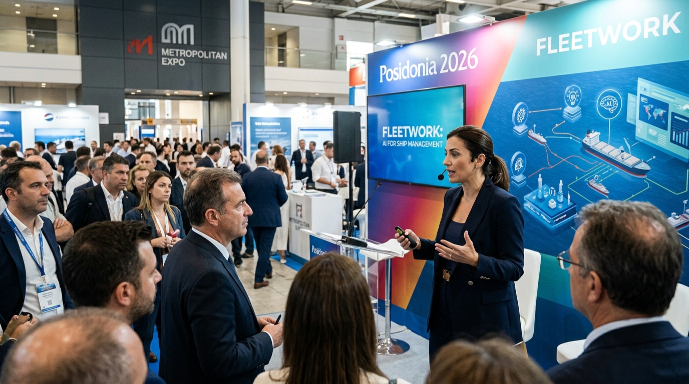Fleetwork presenting AI ship management solutions at the Posidonia 2026 maritime event.