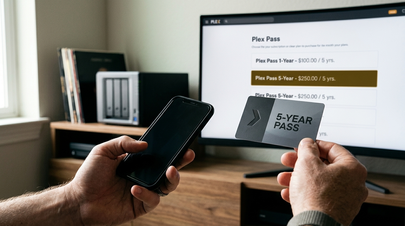 Plex logo and details of the new five-year Plex Pass subscription.