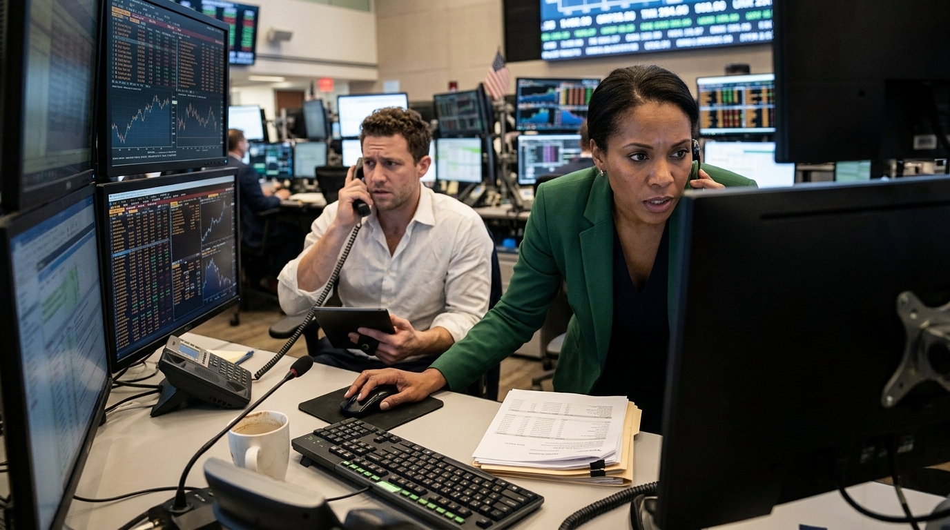 Digital representation of stock market trading and investment banks on Wall Street.