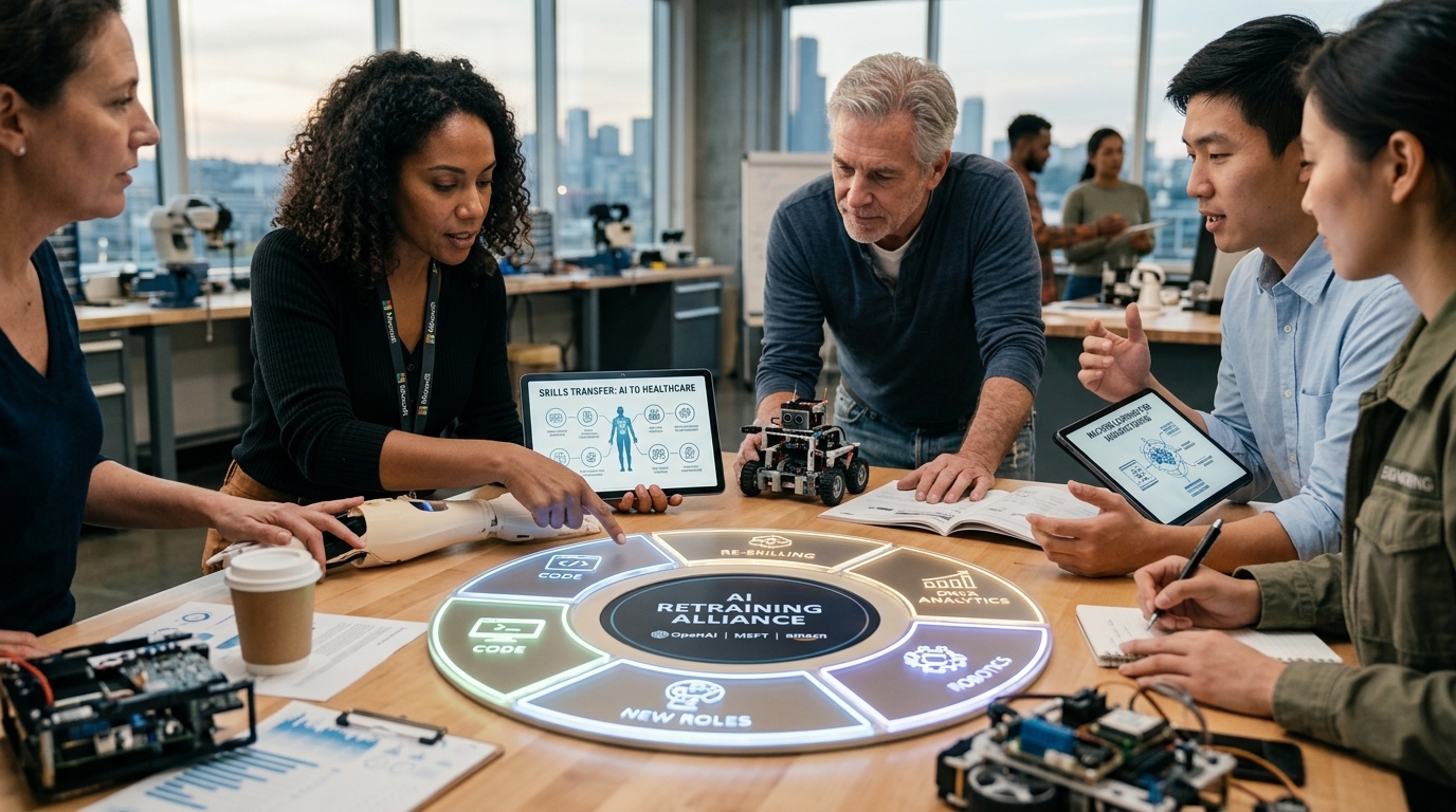 Logos of OpenAI, Microsoft, and Amazon representing the $1 billion AI retraining initiative for the workforce.