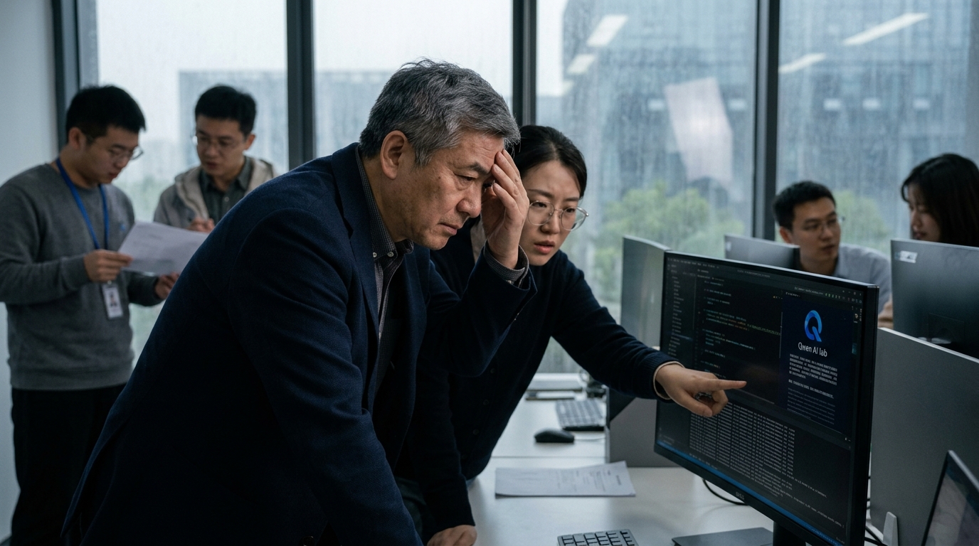 Alibaba logo and Qwen AI branding against a declining stock market chart.
