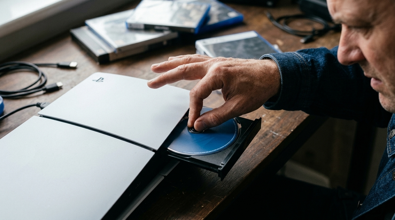 A PlayStation console without a disc drive highlighting digital ownership issues.