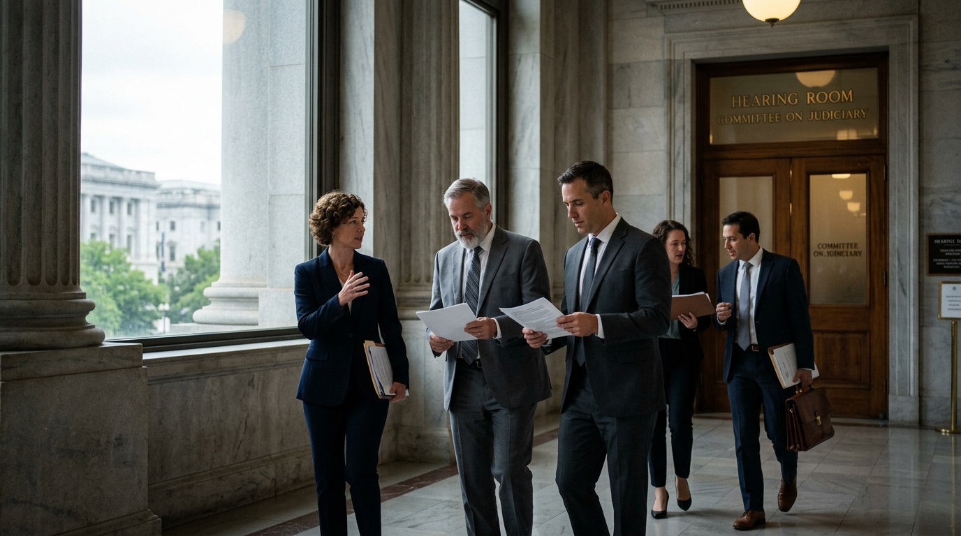 Legal professionals training on secure Artificial Intelligence implementation in a modern office.