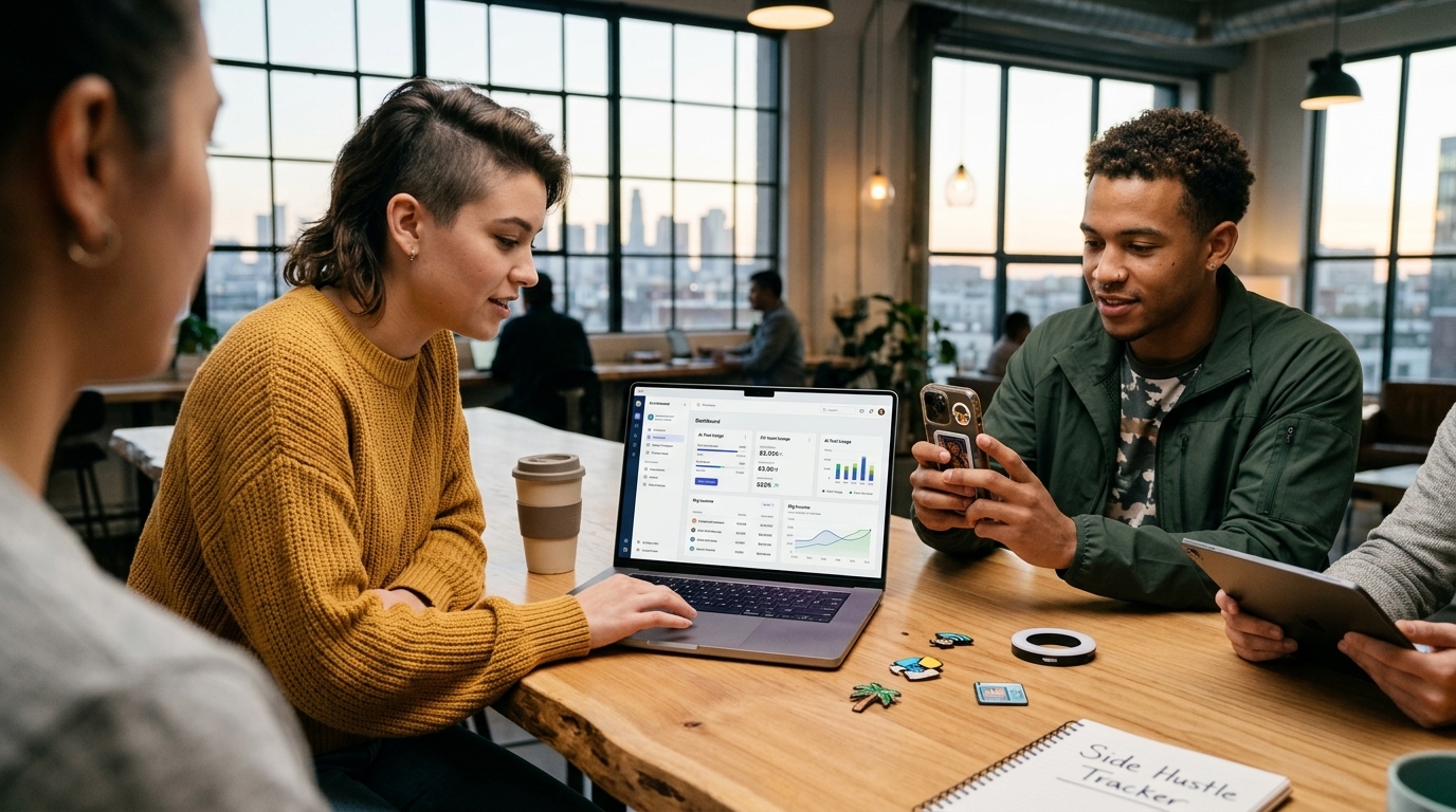 Young professional using AI tools for a side hustle on a laptop.