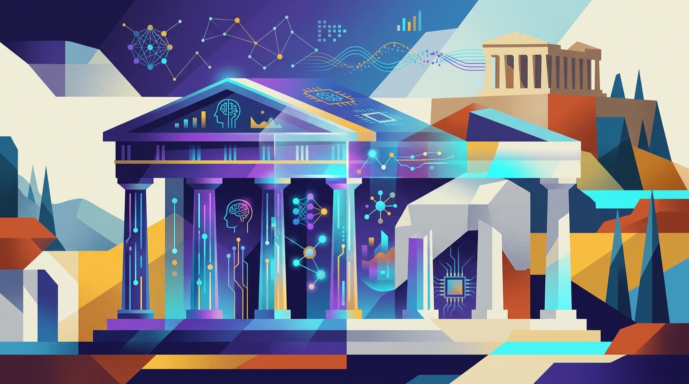 Symbolic representation of AI technology within the Greek economy and stock market.