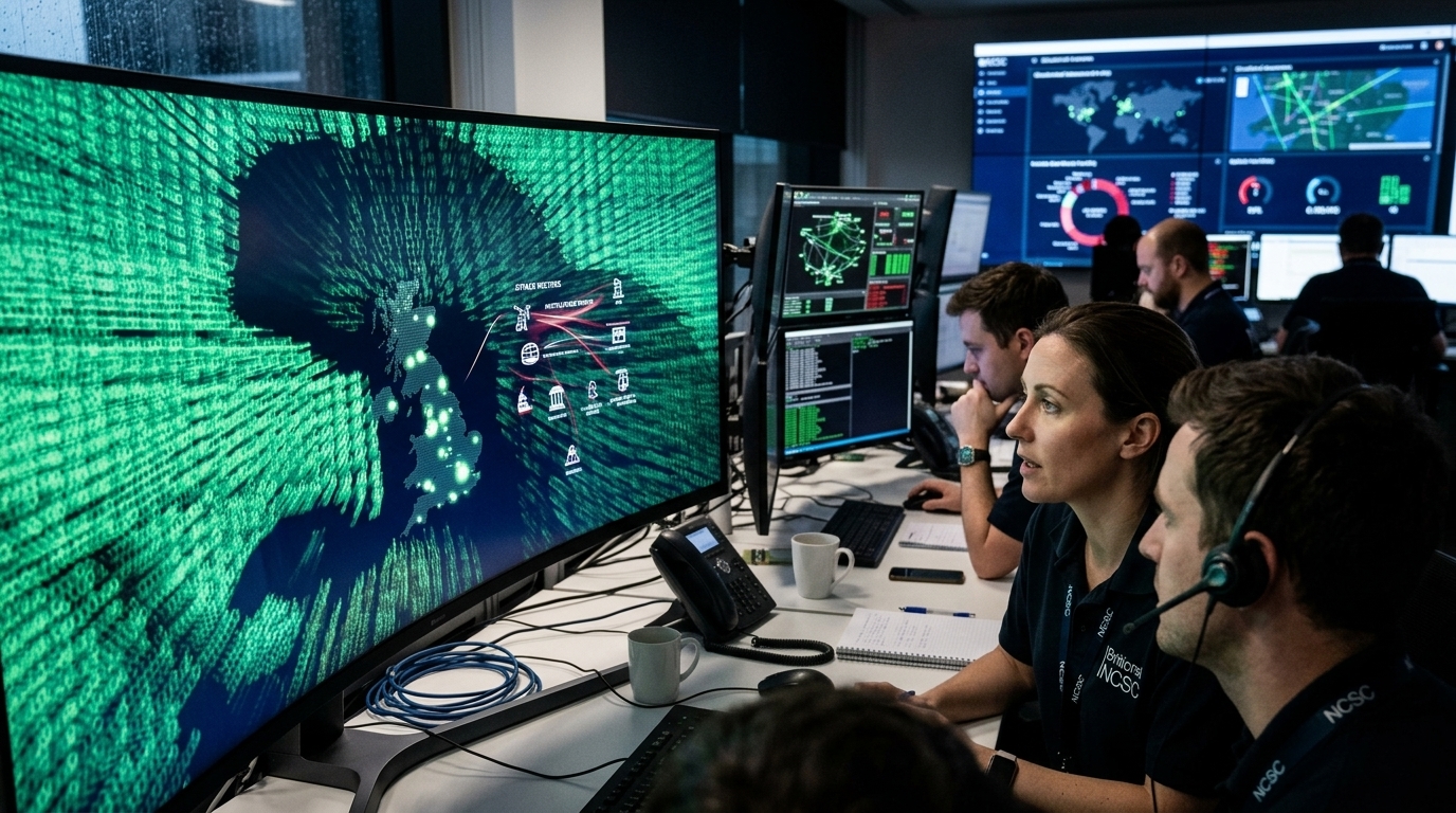 Digital map showing cyberattacks on UK critical infrastructure from hostile states.