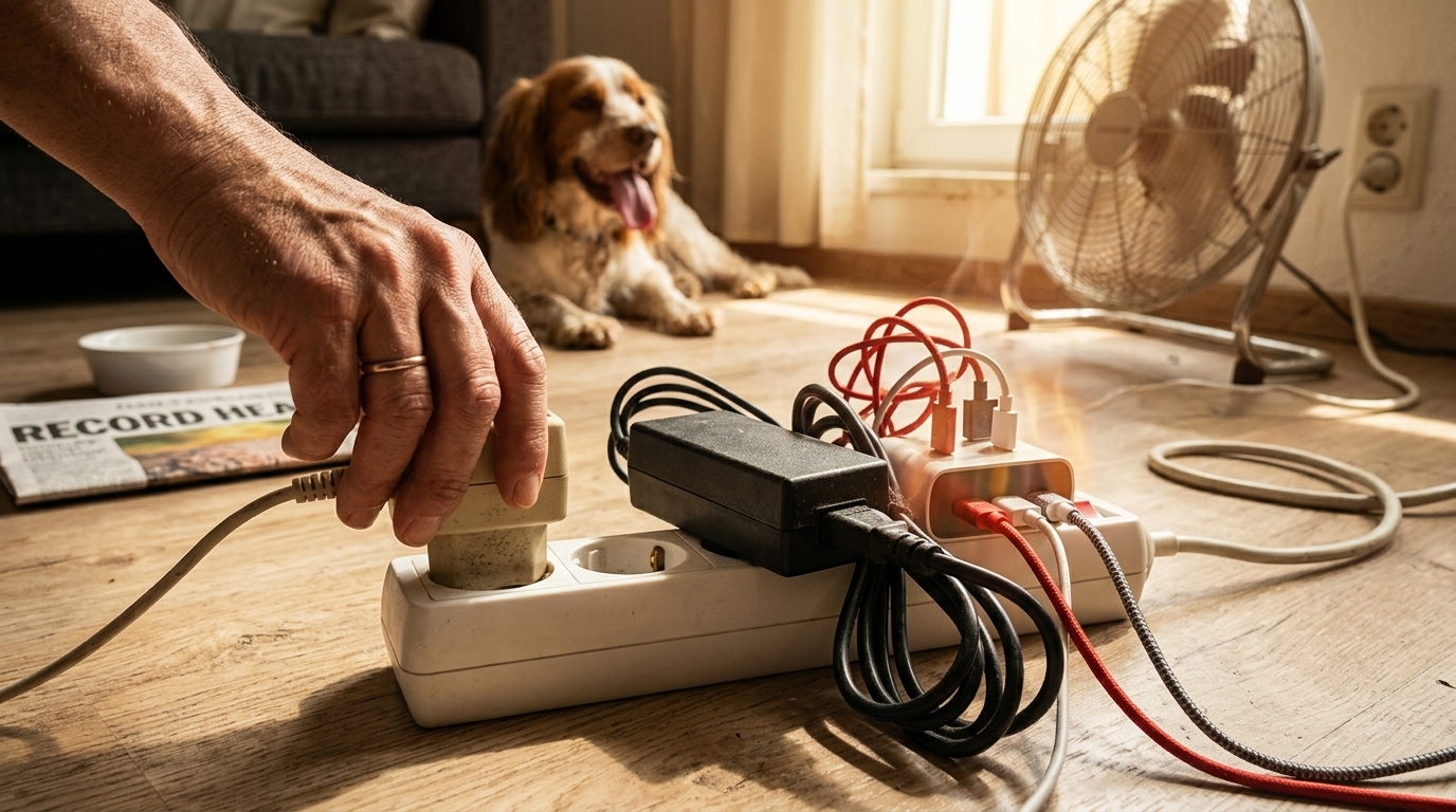 Modern household appliances in a kitchen emitting heat during a summer heatwave.