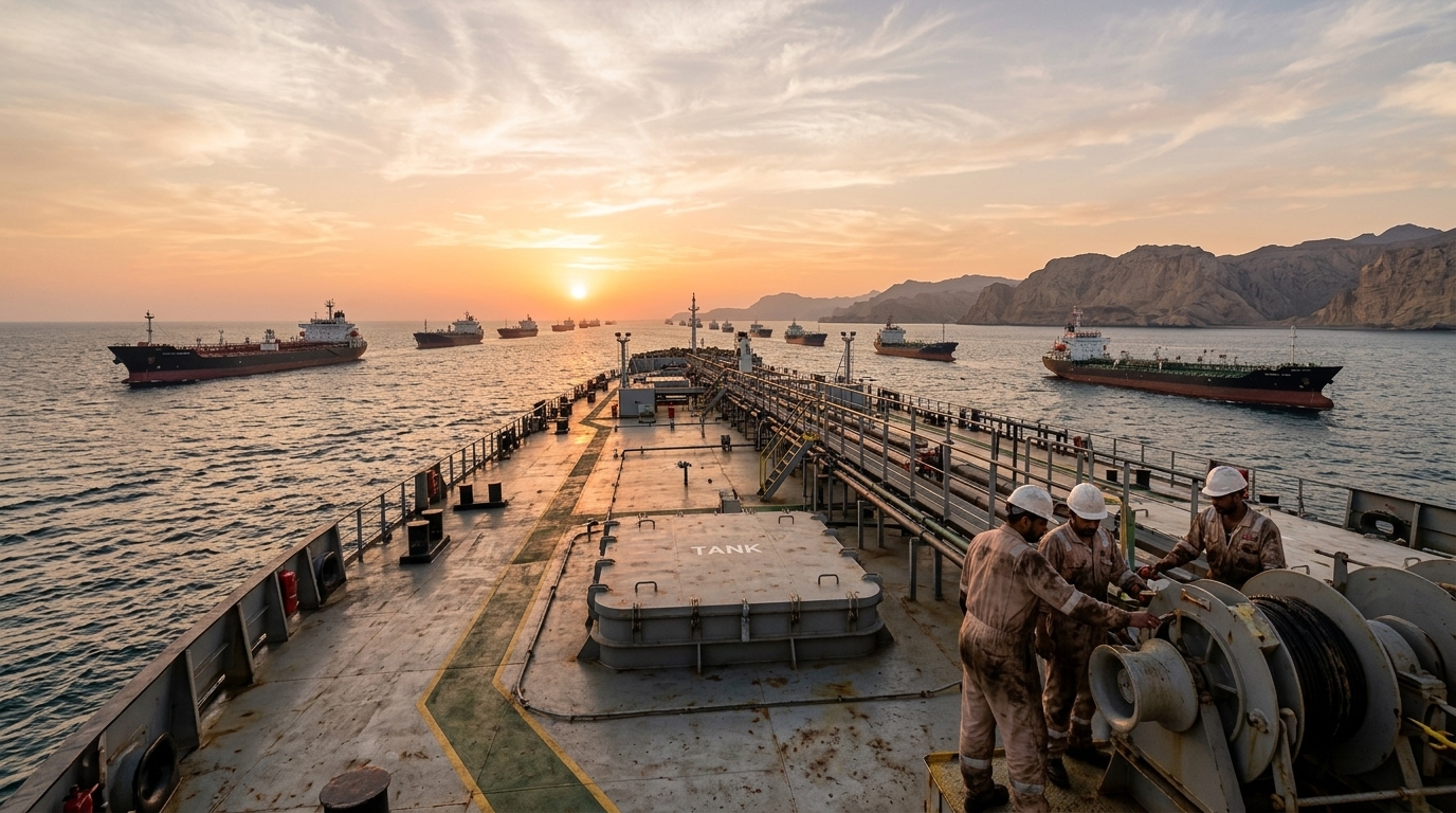 Oil tanker in the Strait of Hormuz transporting TotalEnergies crude to Asia.