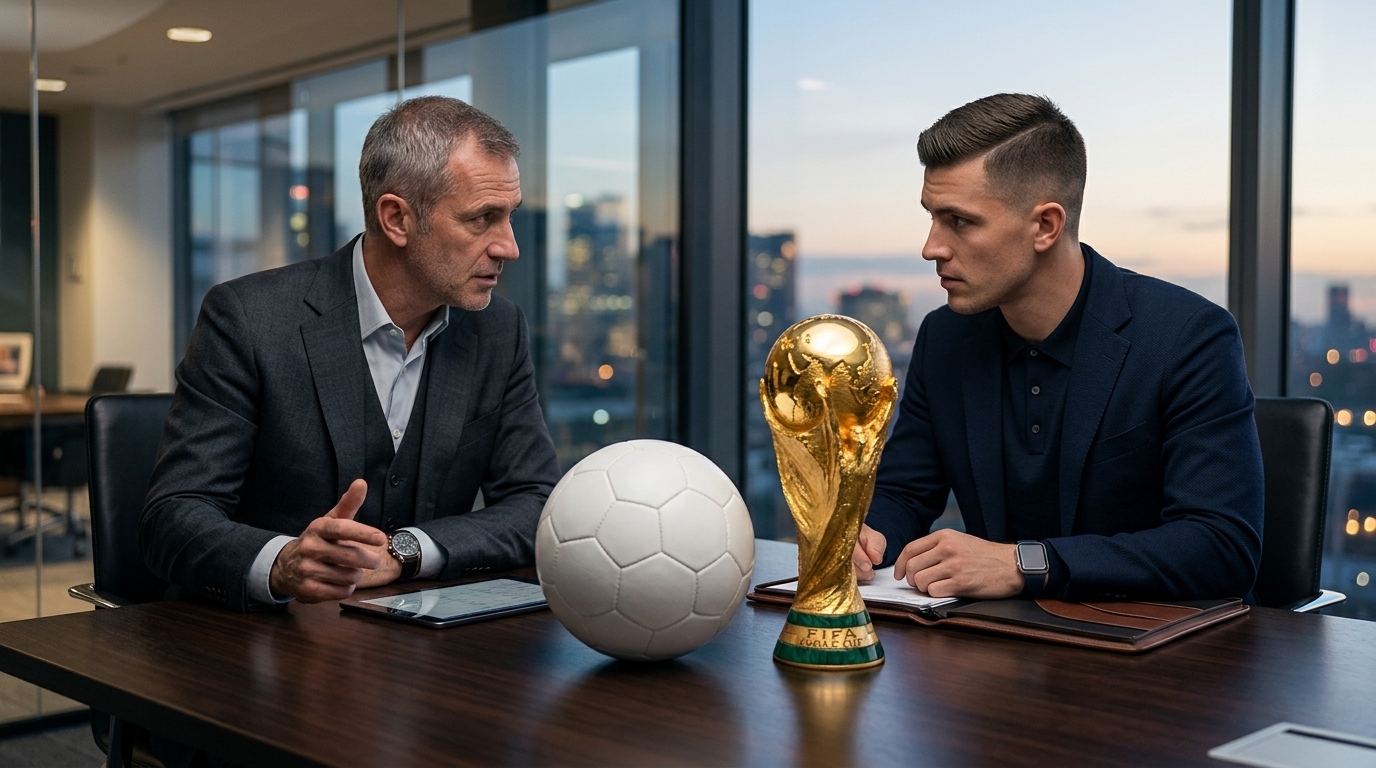 Netflix and Disney logos with the World Cup trophy representing sports streaming rights.