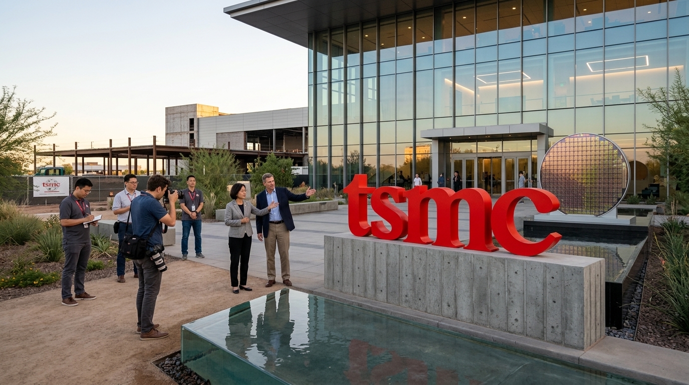 TSMC semiconductor manufacturing facility with high-tech equipment for AI chip production.