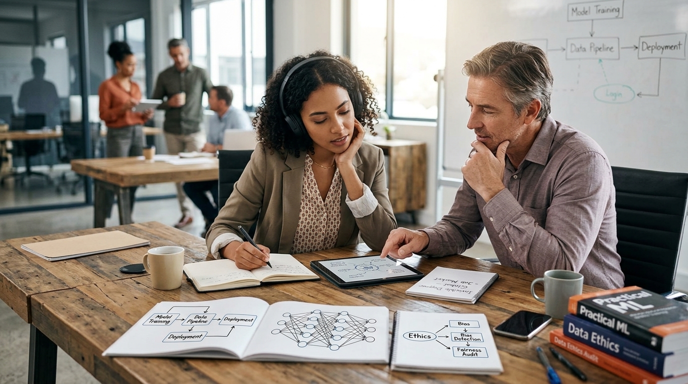 Modern professional developing AI Literacy skills for career advancement in the digital age.
