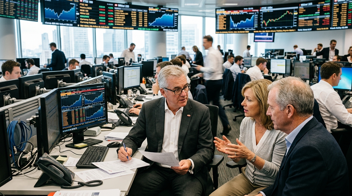 HSBC advisor discussing AI investing strategies with a client in an office.