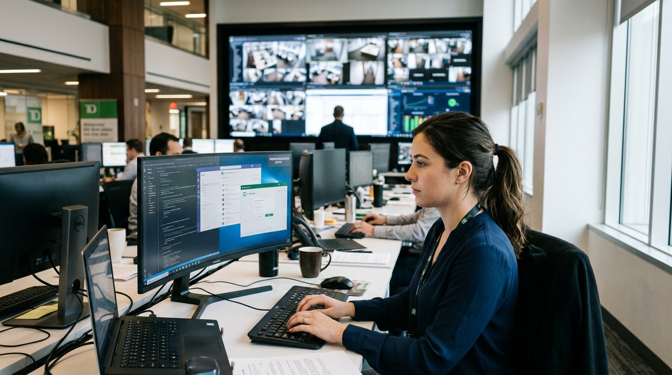 Modern office screens displaying TD Bank employee monitoring software and data analytics.