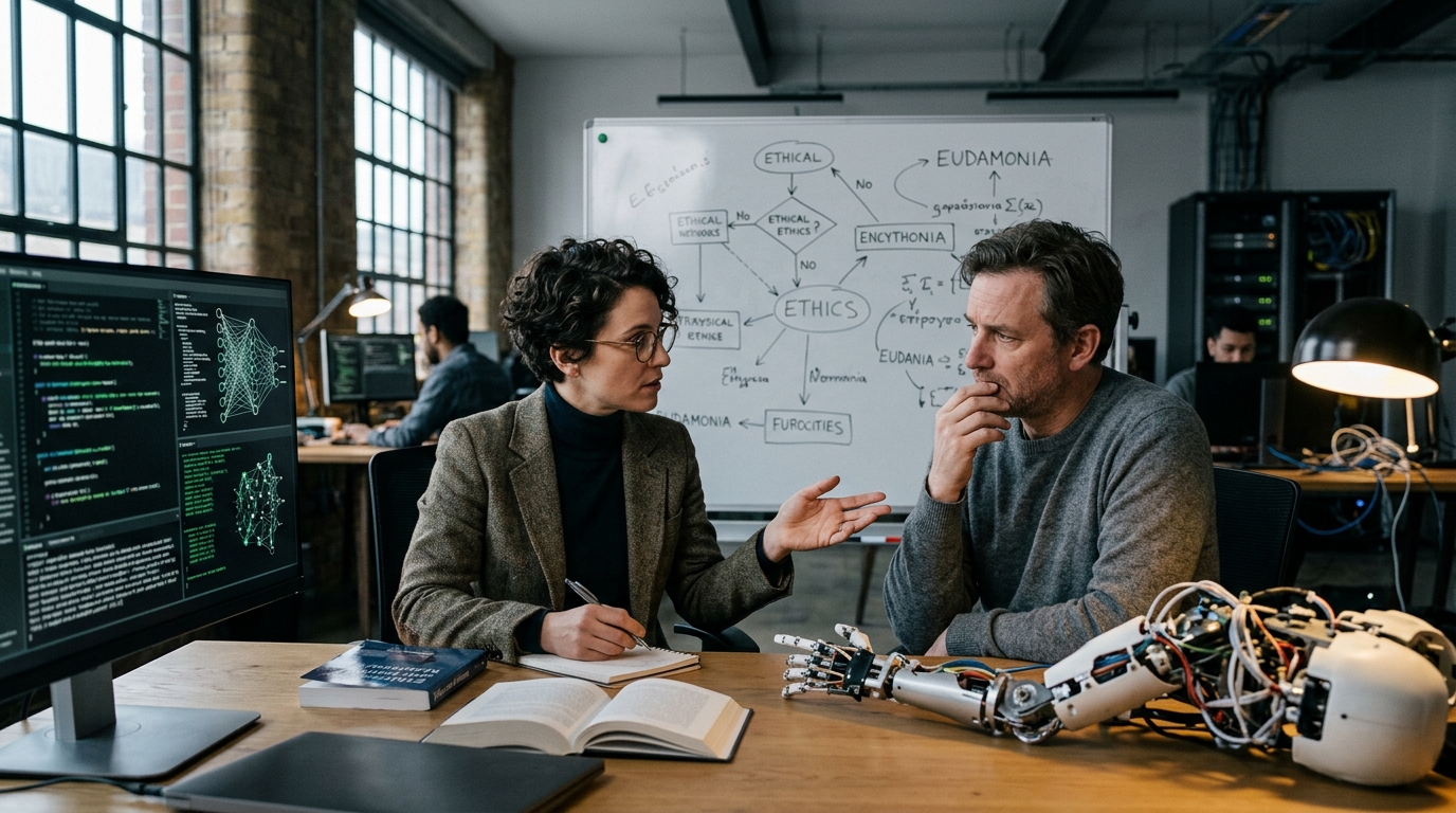 A philosopher examining artificial intelligence code for AI ethics.