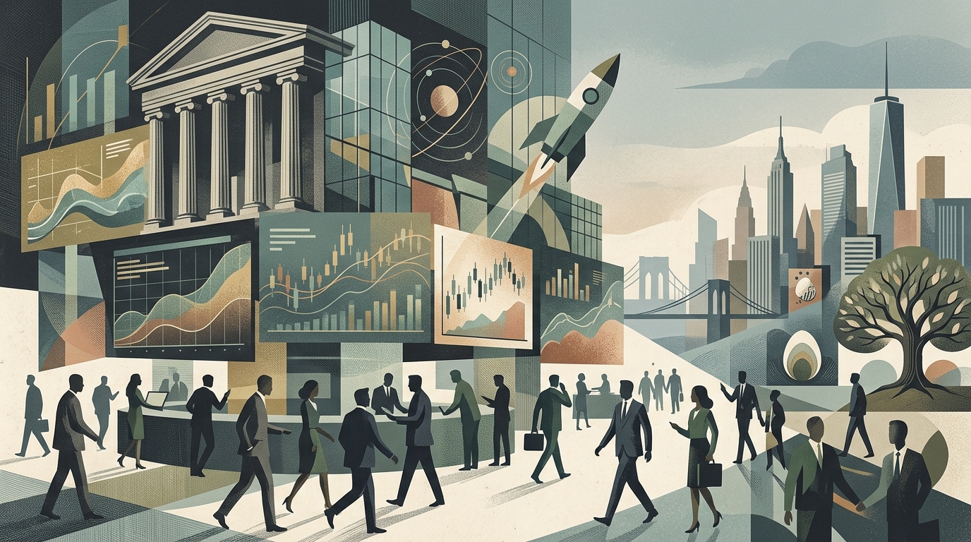 Digital representation of the Nasdaq 100 stock index and AI technology.