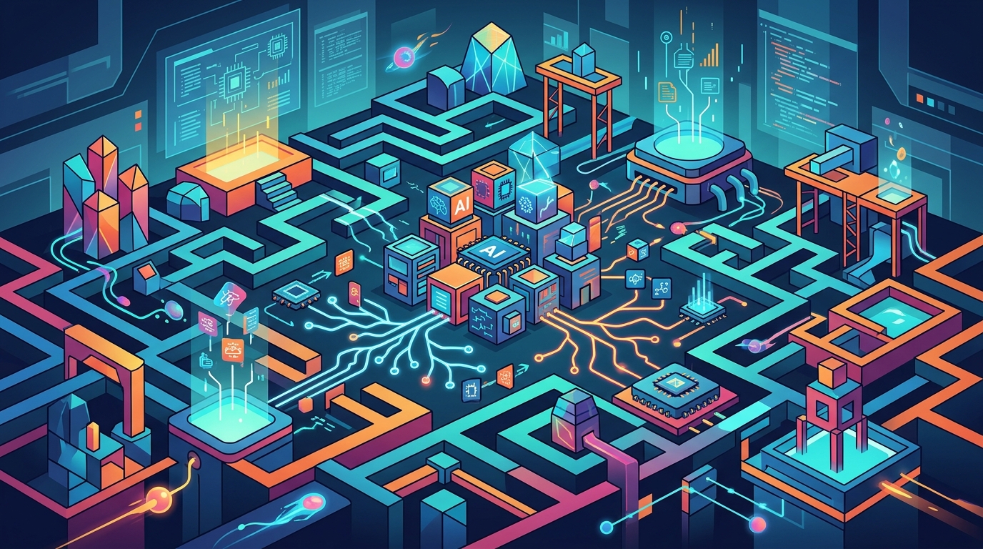 Illustration of modular AI architecture with specialized neural networks highlighting modular intelligence concepts.