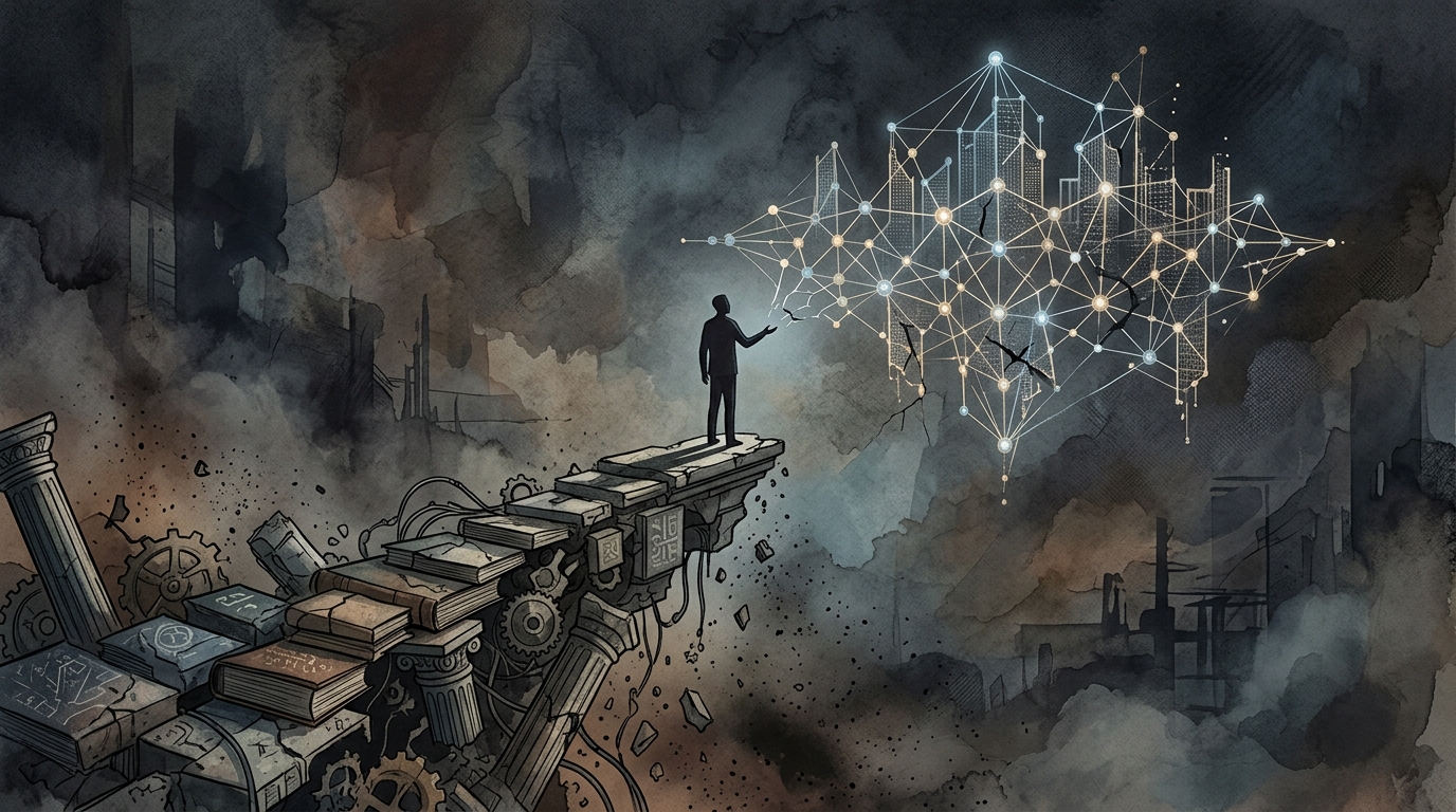 Abstract visualization of AI reliability gap and digital debt concepts.