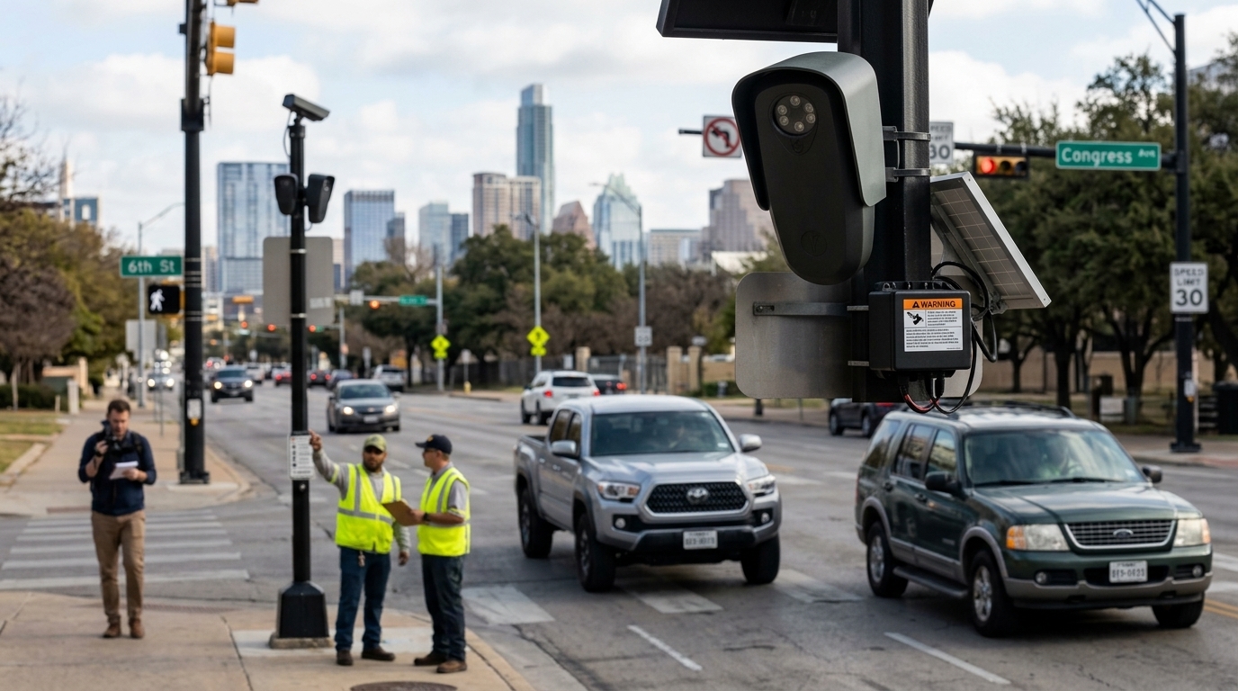 Police vehicle with Flock Safety AI surveillance camera in Texas.