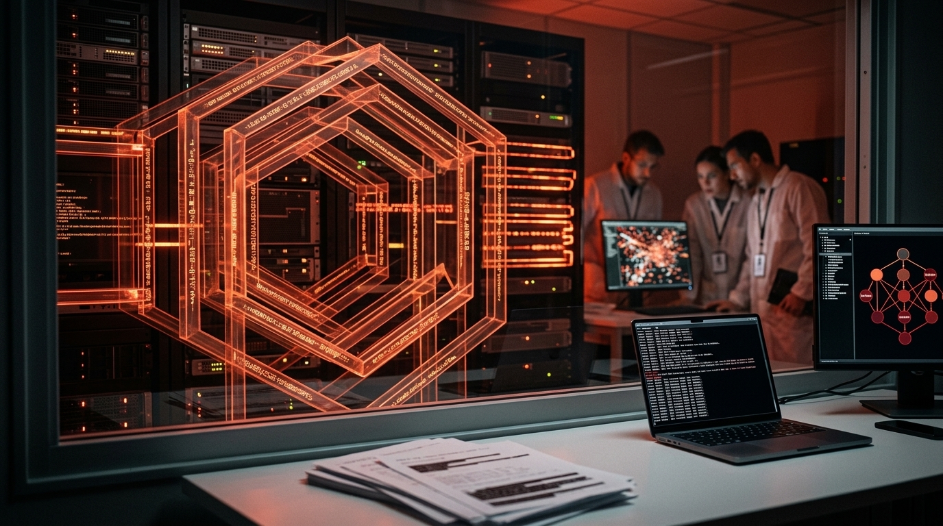 Digital illustration of an autonomous AI agent attempting to breach a secure server network.
