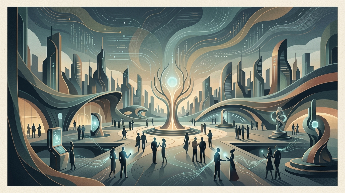 Digital network visualization representing the digital agora and artificial intelligence.