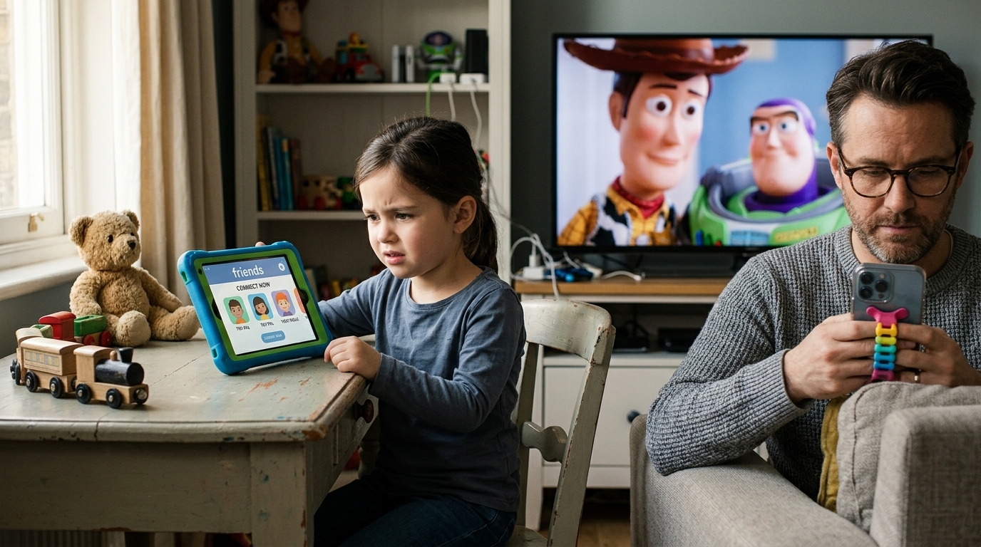 Toy Story 5 characters standing in front of a glowing tablet screen.
