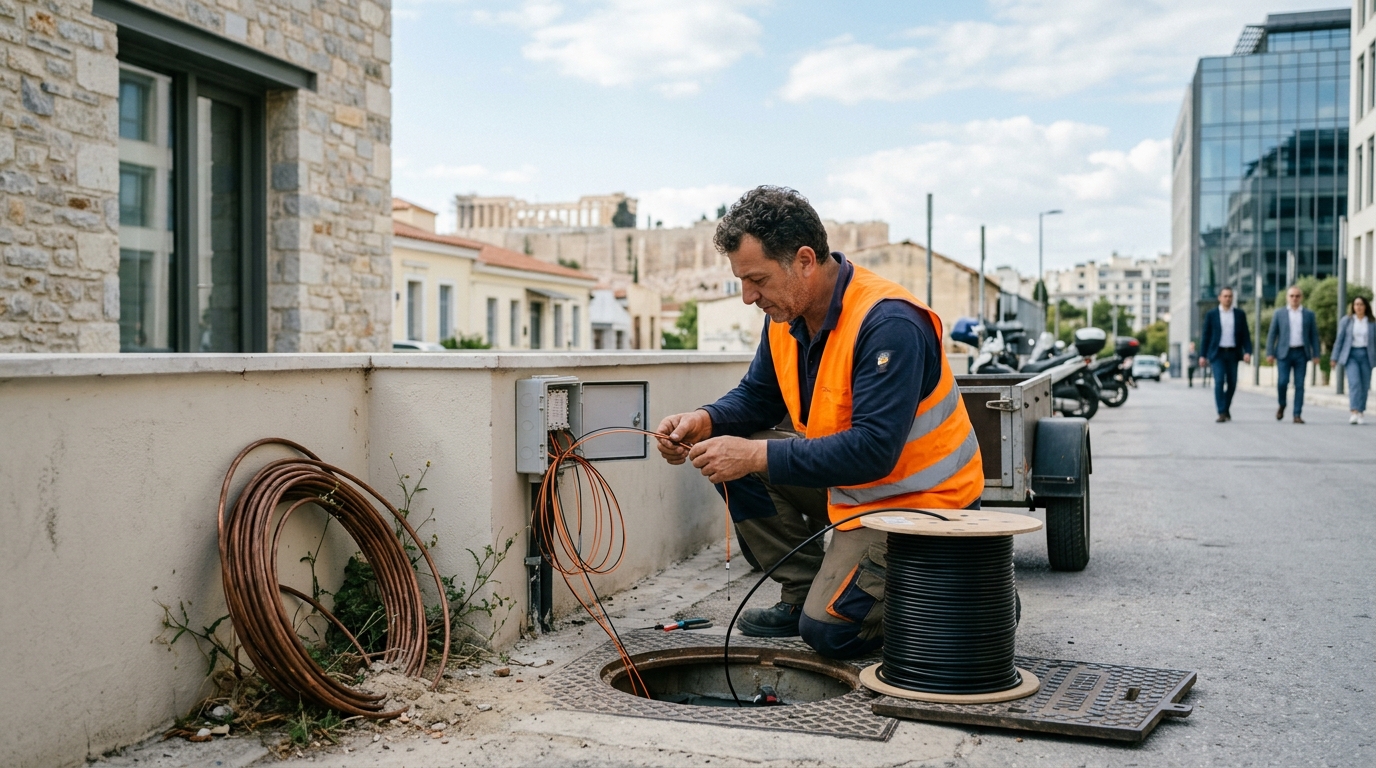 Vodafone technician installing fiber optics FTTH cables in Greece.