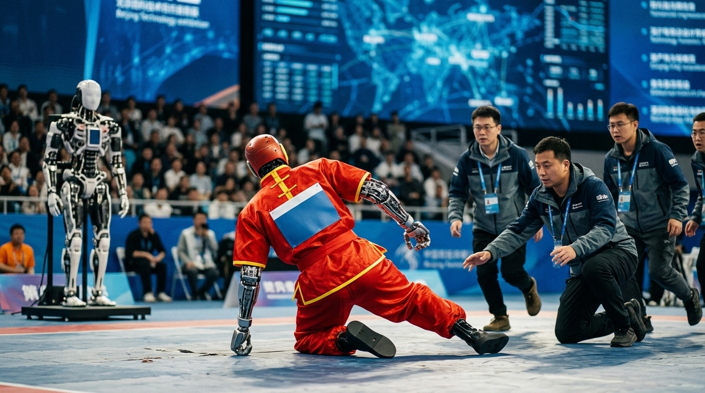 Humanoid robots competing in speed trials at a Beijing tech event.