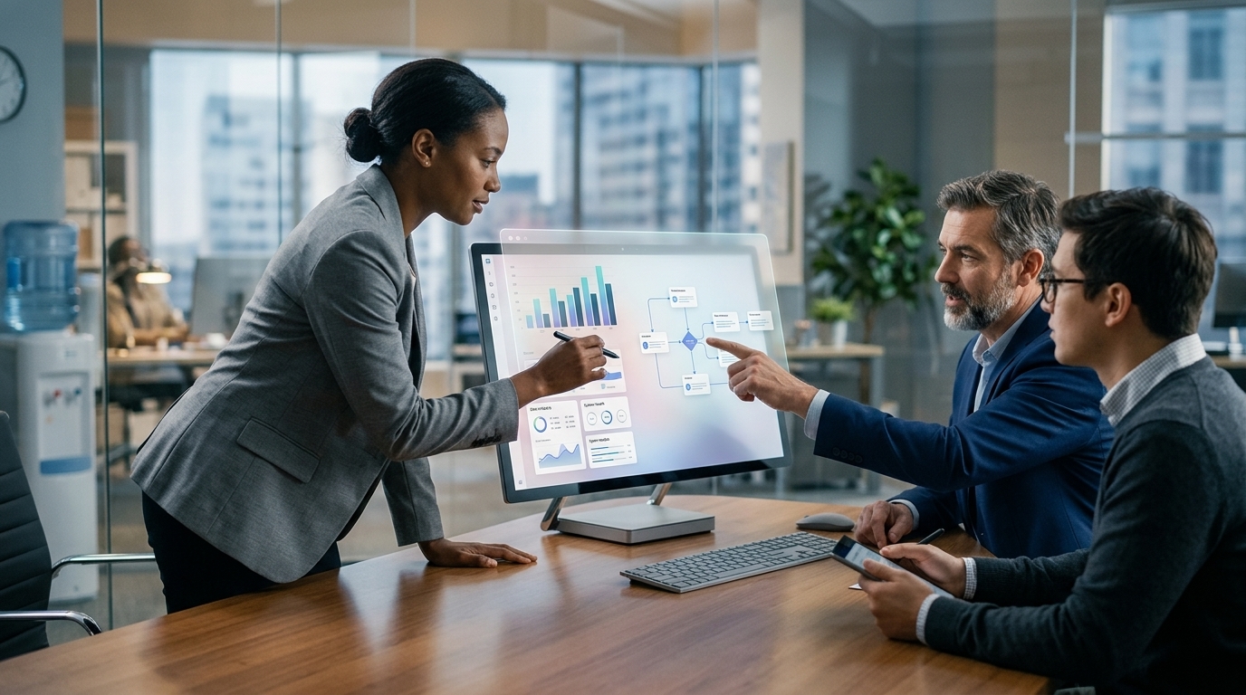 Digital visualization of AI Agents performing business tasks in a cloud environment.