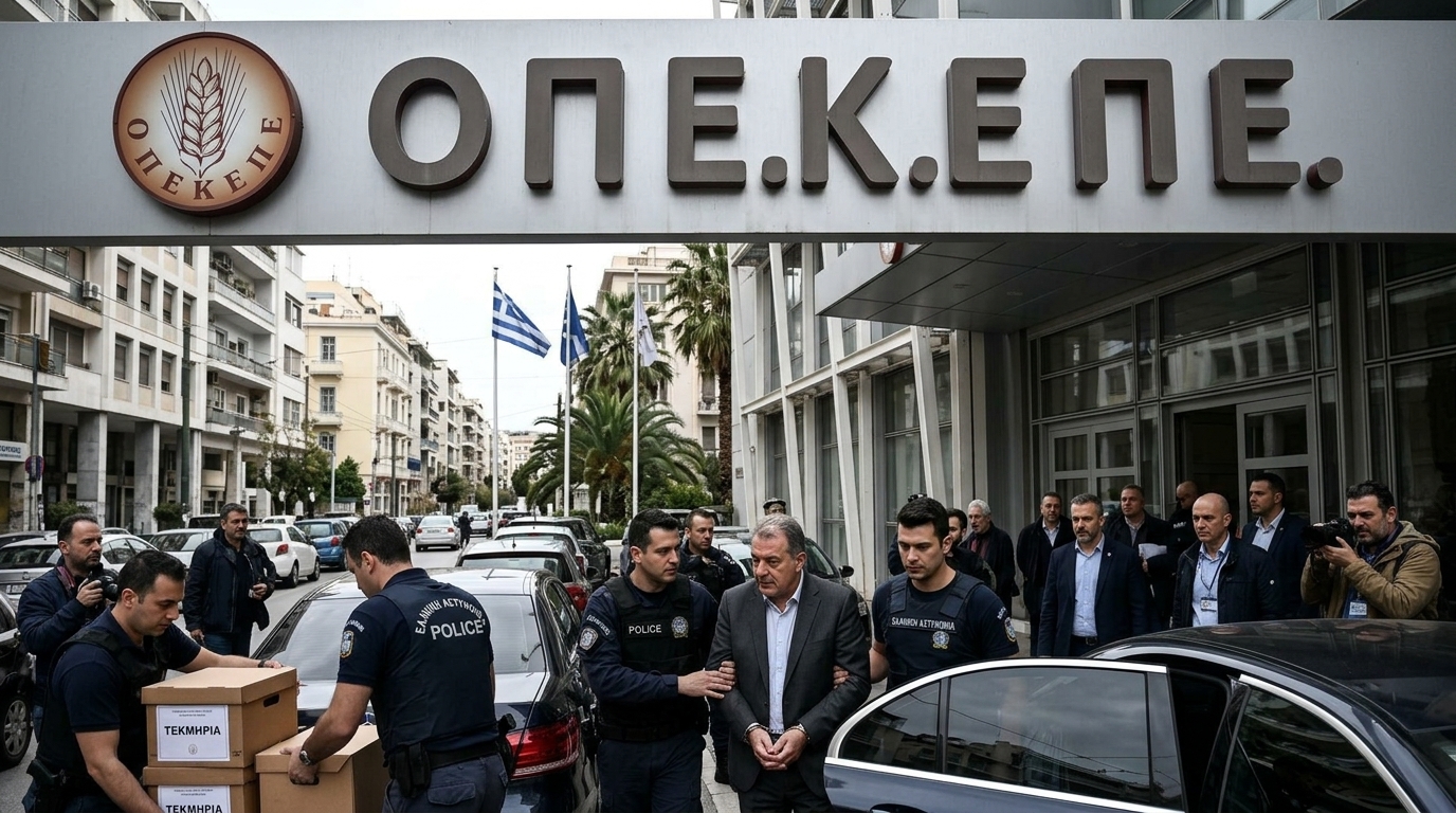 Το κτίριο του ΟΠΕΚΕΠΕ με το λογότυπο της Ελληνικής Αστυνομίας για την έρευνα διαφθοράς.