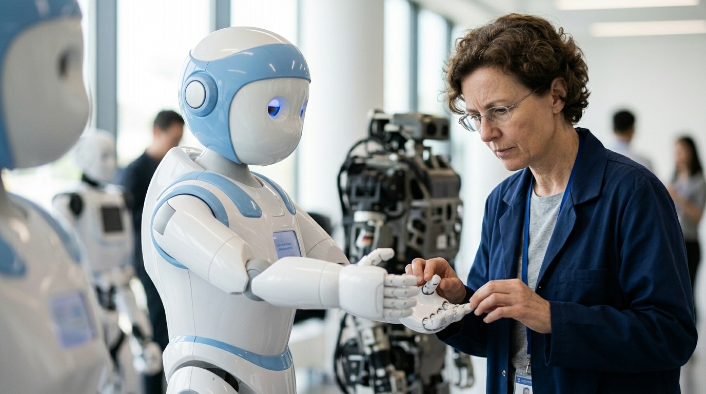 Humanoid robot interacting with a human, illustrating the concept of robot trust and oxytocin.