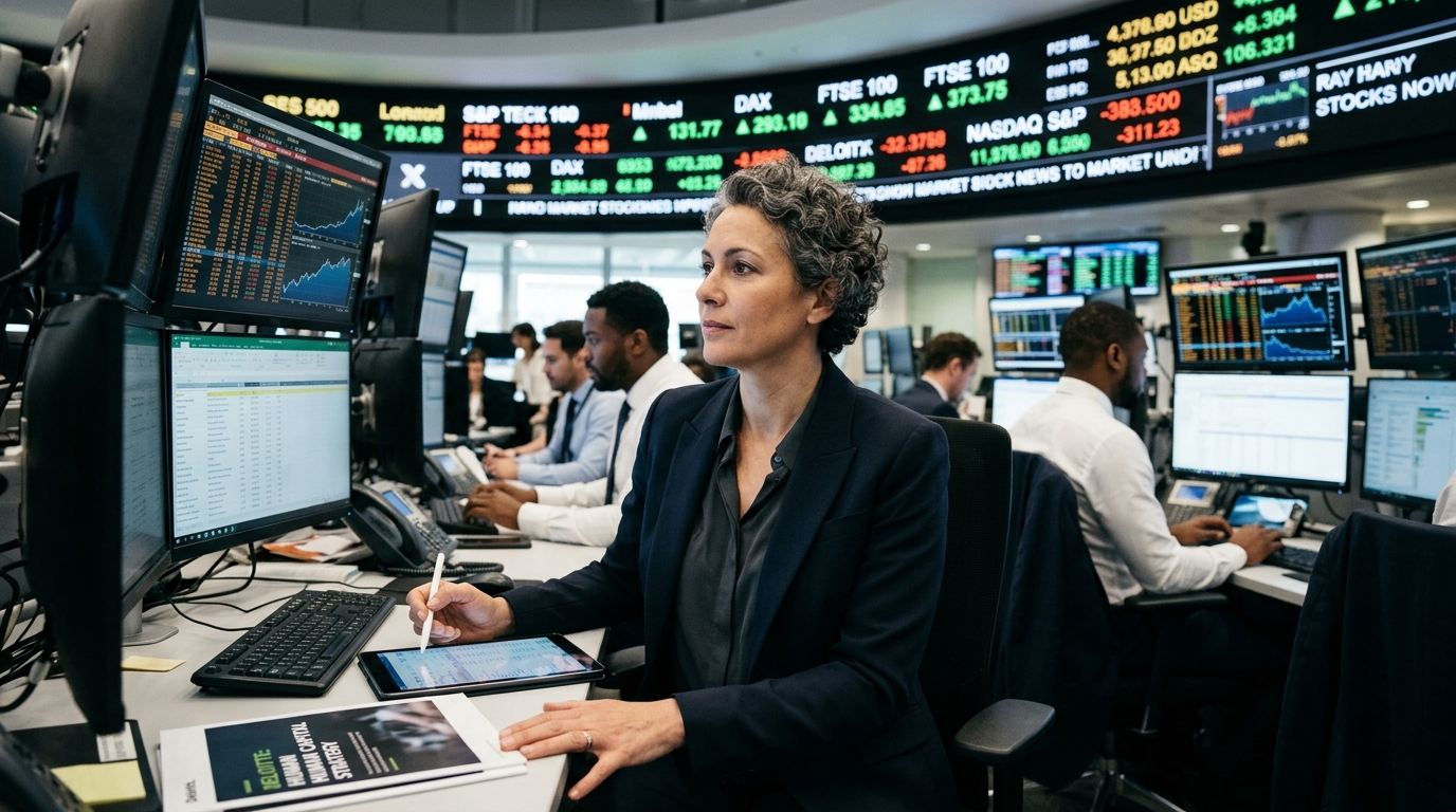 Business professional analyzing the link between Artificial Intelligence and human capital in a modern office.