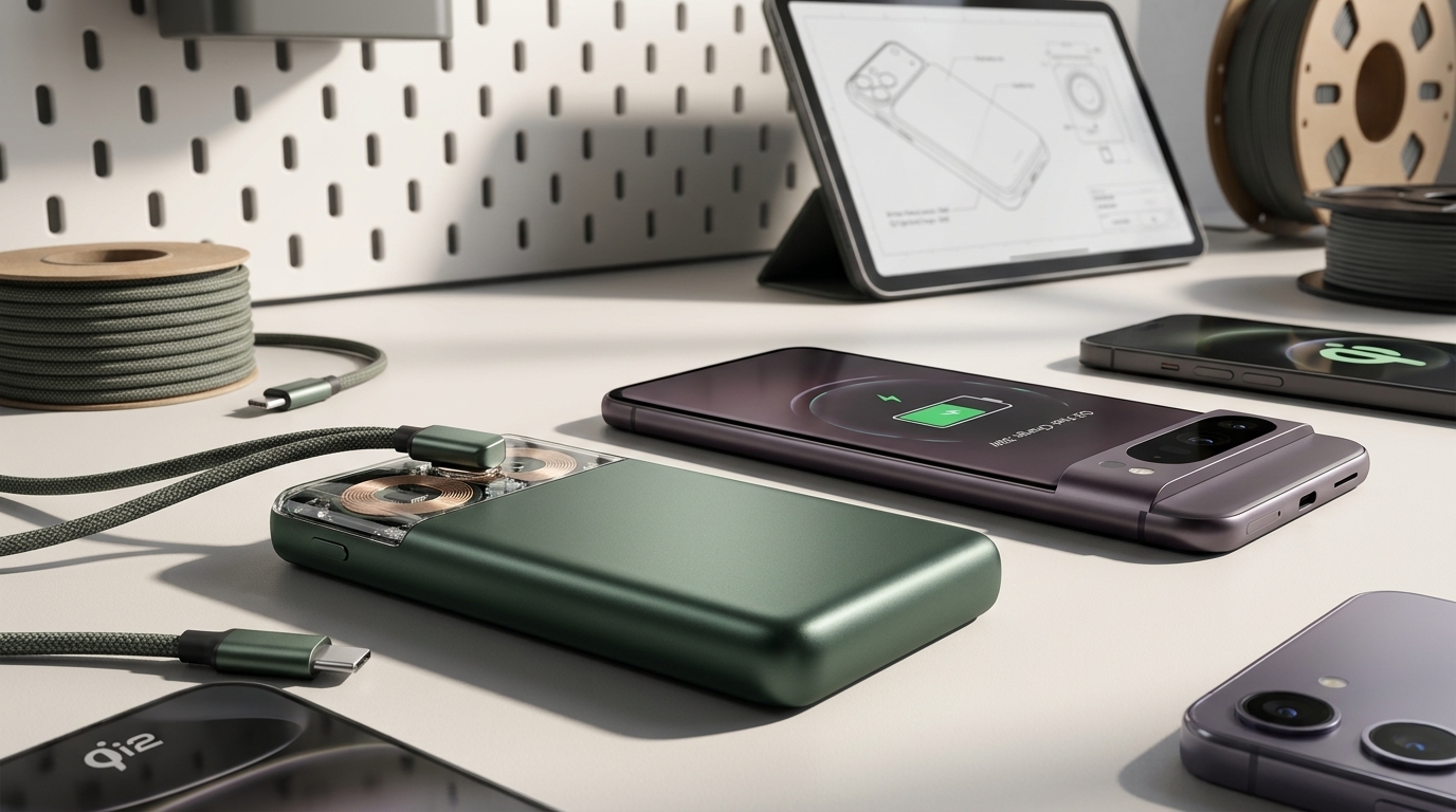 Baseus AM52 portable power bank featuring Qi2 charging technology in use.