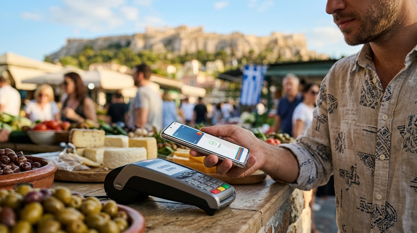 Samsung Wallet app interface on a smartphone for digital payments in Greece.